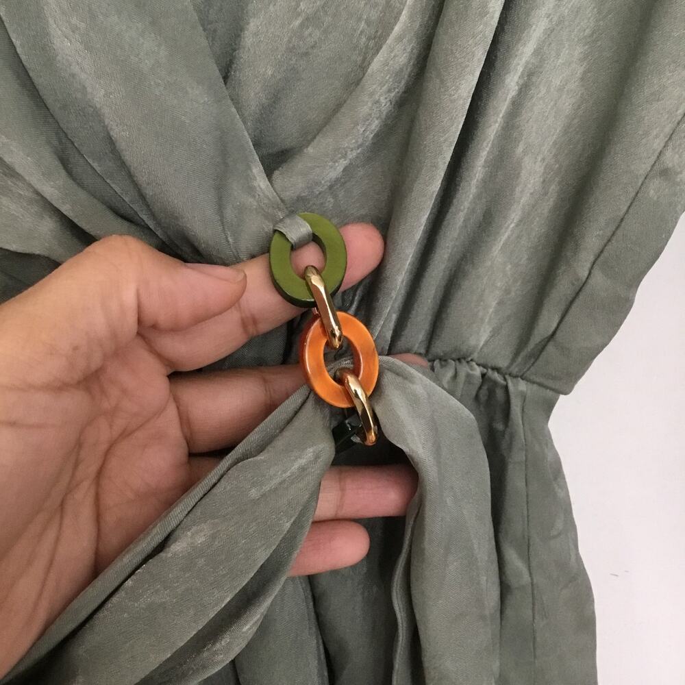 ZARA Satin Wide Sleeve Overlap Belt Detail Stretch Waist Romper in Green Sz M - Picture 5 of 8